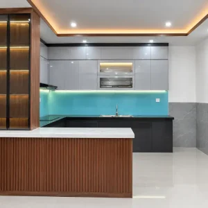 Tủ bếp nhựa Vincoplast chữ U có quầy bar hiện đại HĐ-TBV09