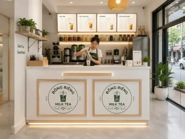 Mẫu thiết kế & kích thước quầy pha chế trà sữa bằng nhựa